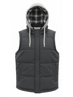 Men's Black Hooded Puffer Vest with Plaid Lining